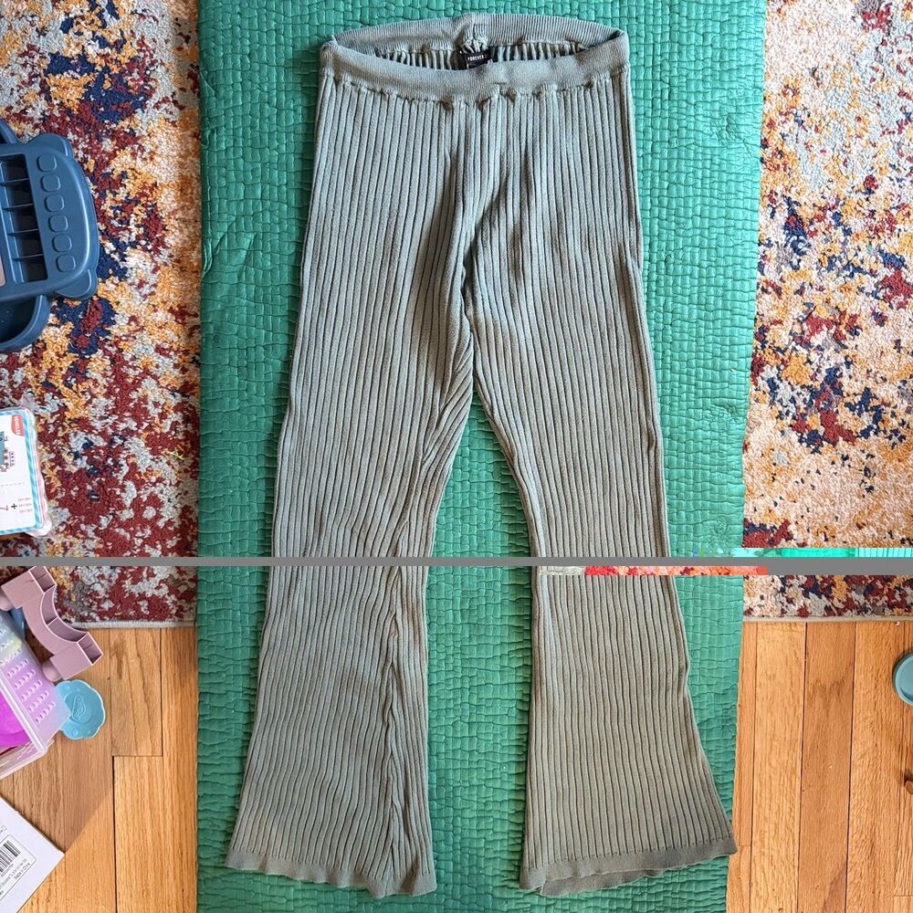 Vintage FOREVER 21 Ribbed Knit Rayon Flared Leggings M Teal Blue Pull On Y2K EUC - Picture 2 of 15